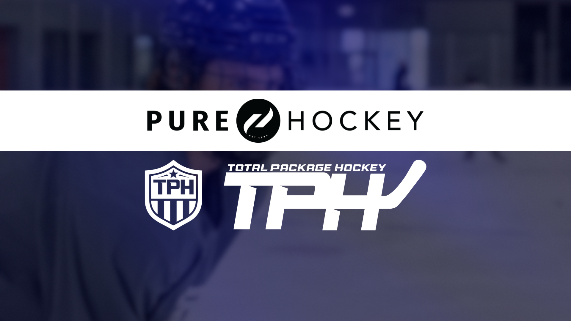 A blurred hockey player in the background with a white banner displaying the logos for Pure Hockey, TPH Academy, and a shield featuring the TPH letters.
