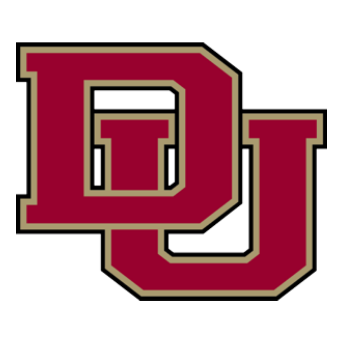The image shows the University of Denver logo, featuring large, overlapping maroon letters D and U with a black and gold outline on a white background, representing its partnership with TPH Academy.