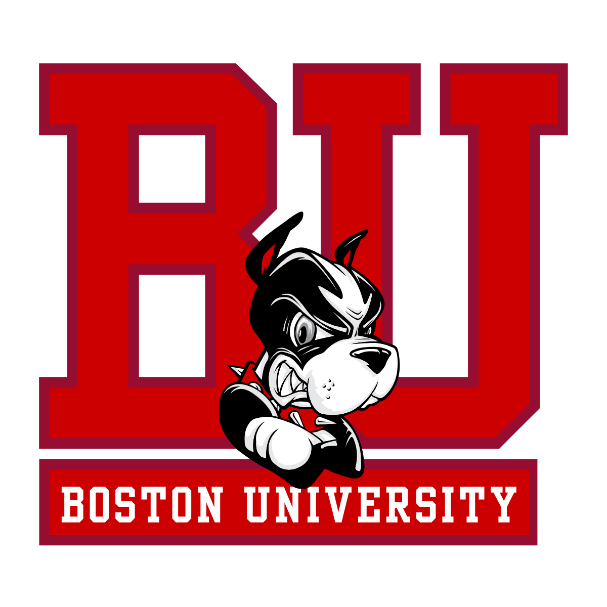 Large red BU letters with a cartoon Boston Terrier dog mascot in front, looking determined. Below, Boston University is written in white block letters on a red rectangle—perfect for TPH Academy students and fans alike.