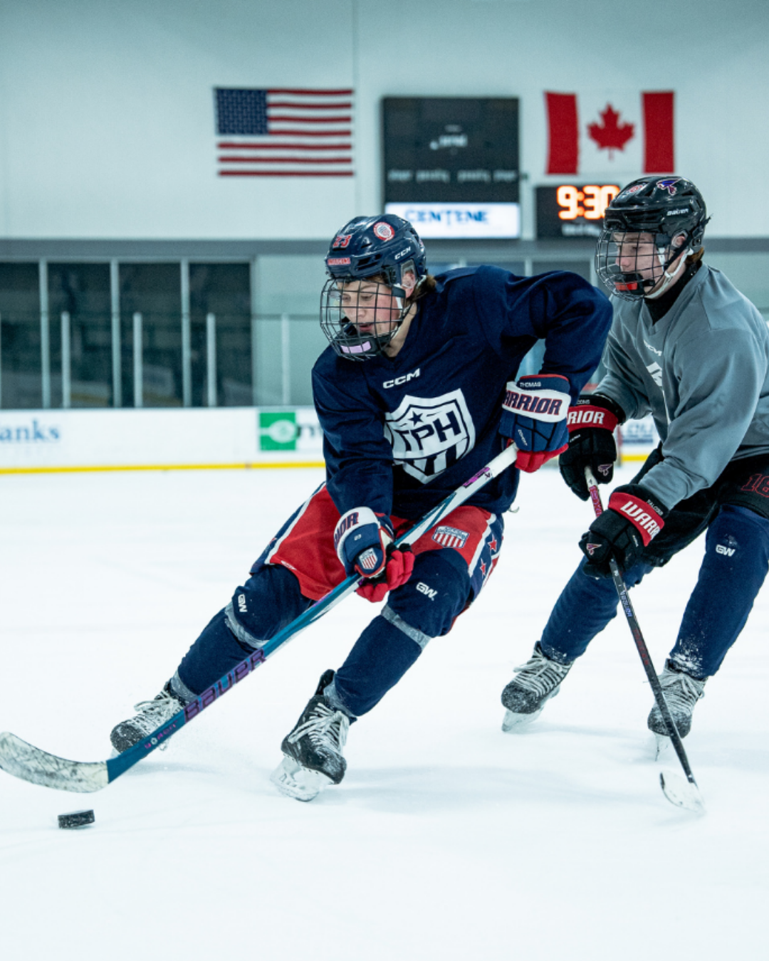 Two hockey players battle for a loose puck on the ice.