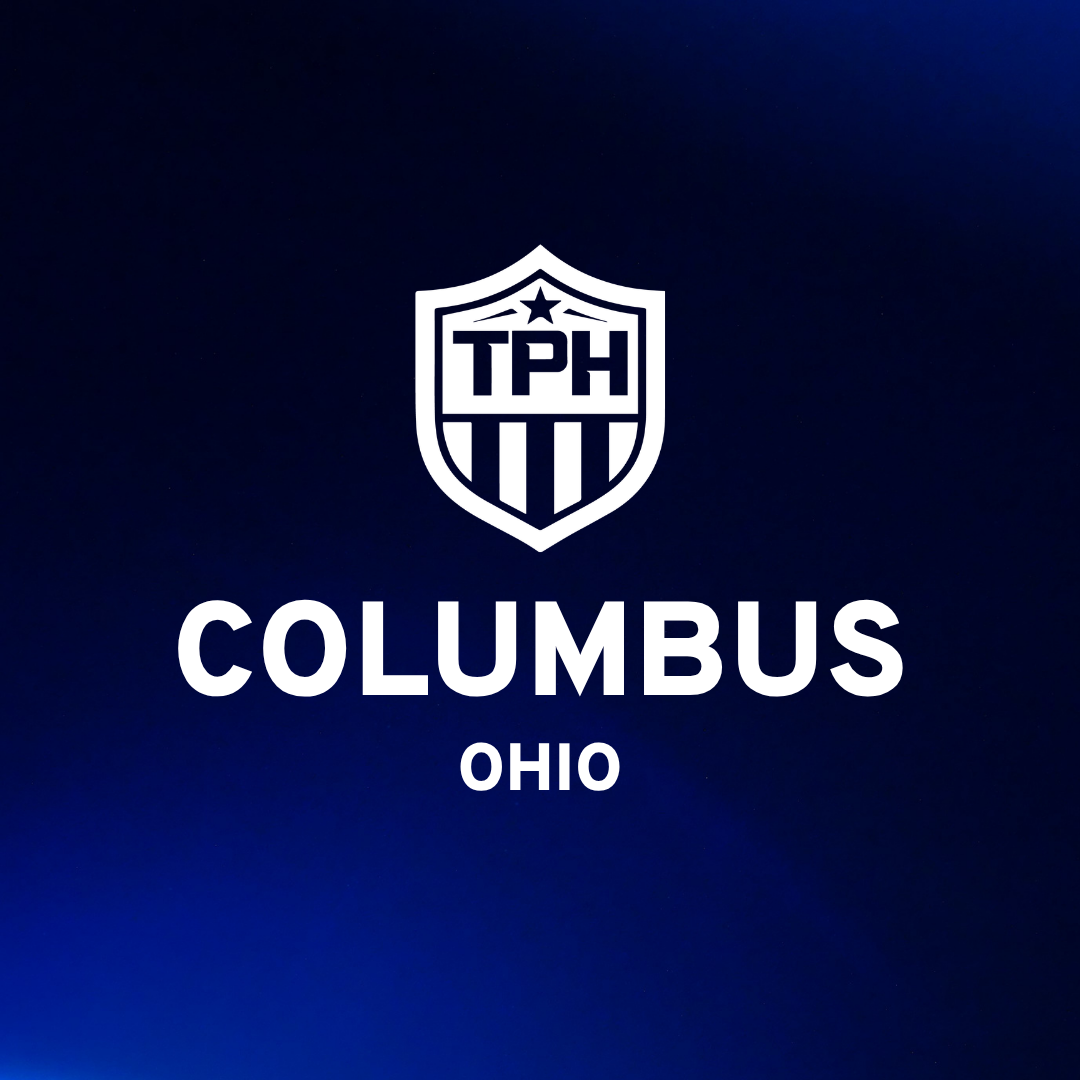 White TPH shield logo above the words COLUMBUS OHIO in bold white text, set against a dark blue gradient background, representing TPH Academy with a clean and modern style.